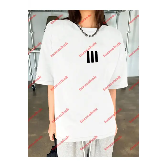 3 Çizgi Baskılı Beyaz Erkek Tshirt Beyaz