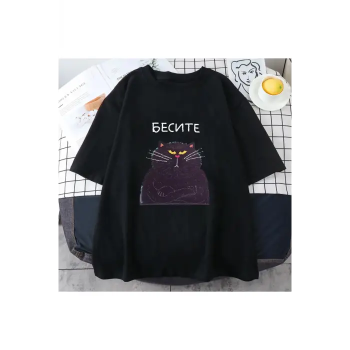Siyah Şişman kedi Kawaii leri бесие Russian rus komut grafik Tee-gömlek sevimli baskı Tees Ro