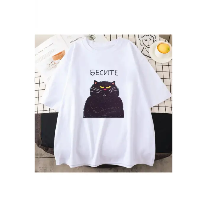 Beyaz Şişman kedi Kawaii leri бесие Russian rus komut grafik Tee-gömlek sevimli baskı Tees Ro