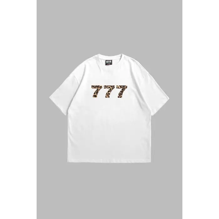 777 Leopar Baskılı Oversize Unisex Premium Beyaz