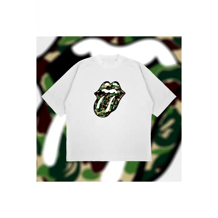 A Bathing Ape X Rolling Stones Green Boxy Fit Oversize Unisex Tshirt – Baskılı Tiş