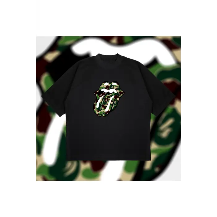A Bathing Ape X Rolling Stones Green Boxy Fit Oversize Unisex Tshirt – Baskılı Tiş