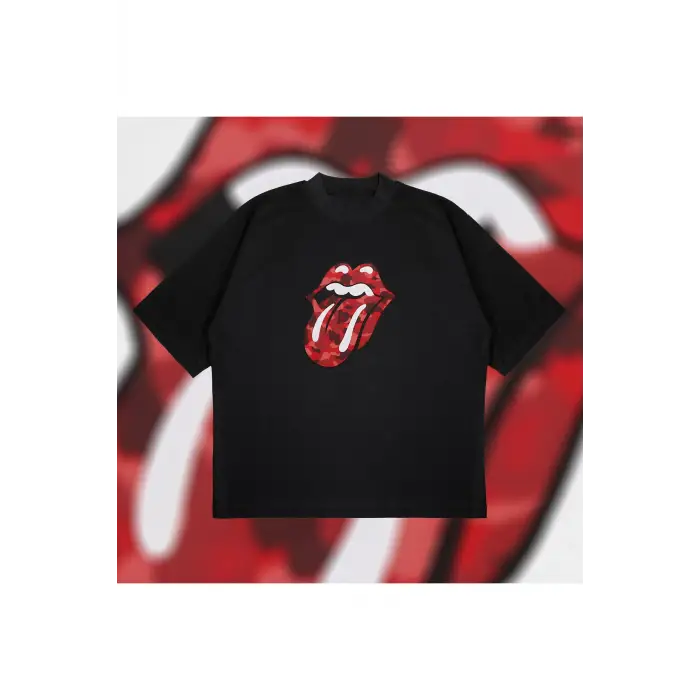 A Bathing Ape X Rolling Stones Red Boxy Fit Oversize Unisex Tshirt – Baskılı Tişör