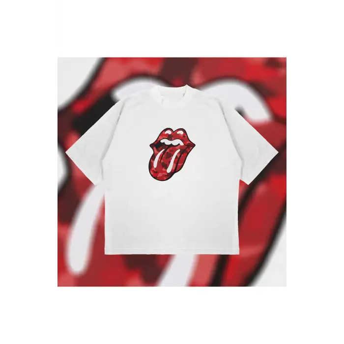 A Bathing Ape X Rolling Stones Red Boxy Fit Oversize Unisex Tshirt – Baskılı Tişör