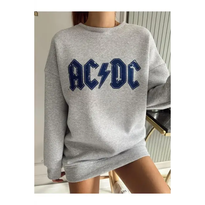 ACDC Renkli Oversize Bisiklet Yaka Pamuklu Sweatshirt Gri