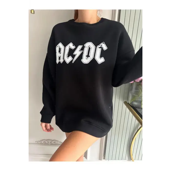 ACDC Renkli Oversize Bisiklet Yaka Pamuklu Sweatshirt Siyah