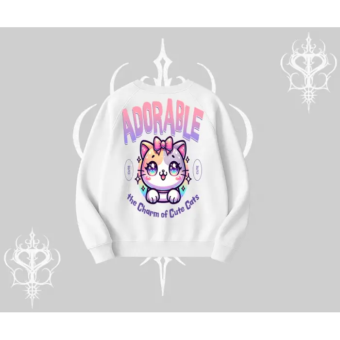 Adorable Kawaii Kedi Arka Baskılı Biskilet Sweatshirt