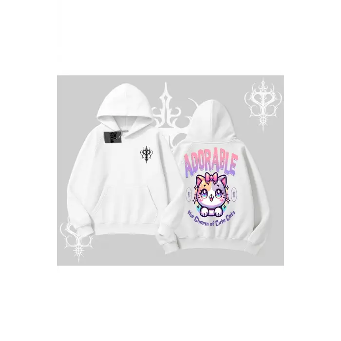 Adorable Kawaii Kedi Arka Baskılı Kapşonlu Sweatshirt