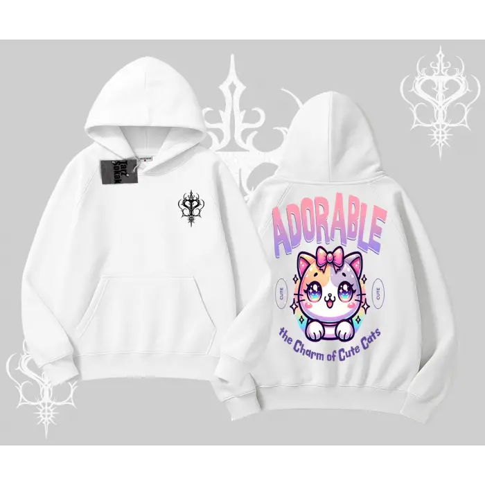 Adorable Kawaii Kedi Arka Baskılı Kapşonlu Sweatshirt