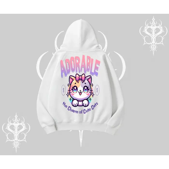 Adorable Kawaii Kedi Arka Baskılı Kapşonlu Sweatshirt