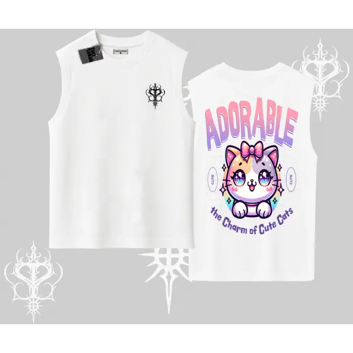 Adorable Kawaii Kedi Arka Baskılı Kolsuz Tshirt