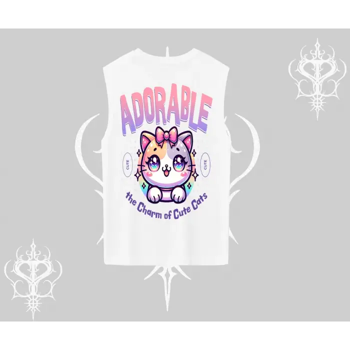 Adorable Kawaii Kedi Arka Baskılı Kolsuz Tshirt