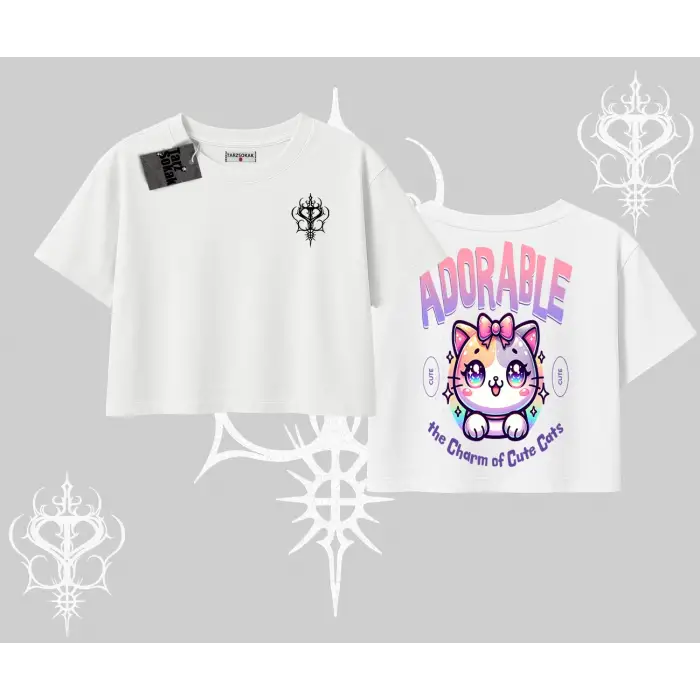 Adorable Kawaii Kedi Arka Baskılı Oversize Crop Tshirt