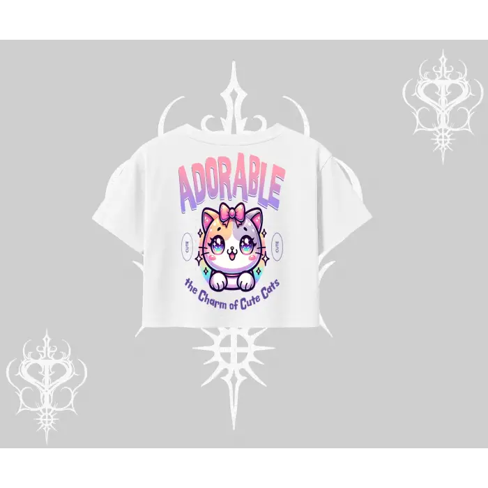 Adorable Kawaii Kedi Arka Baskılı Oversize Crop Tshirt