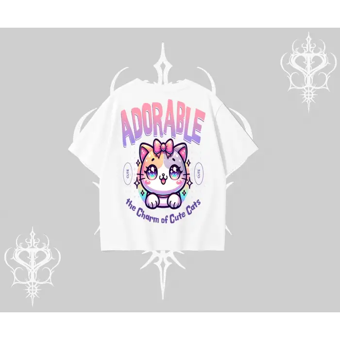 Adorable Kawaii Kedi Arka Baskılı Oversize Tshirt
