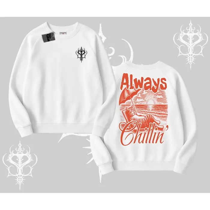 Always Chillin Kedi Arka Baskılı Biskilet Sweatshirt