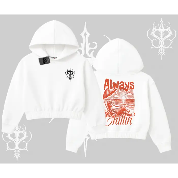 Always Chillin Kedi Arka Baskılı Kapşonlu Crop Sweatshirt