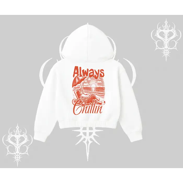 Always Chillin Kedi Arka Baskılı Kapşonlu Crop Sweatshirt