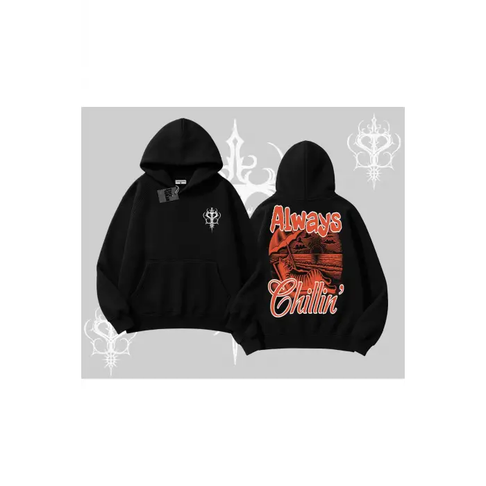Always Chillin Kedi Arka Baskılı Kapşonlu Sweatshirt