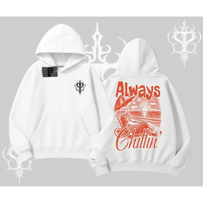 Always Chillin Kedi Arka Baskılı Kapşonlu Sweatshirt
