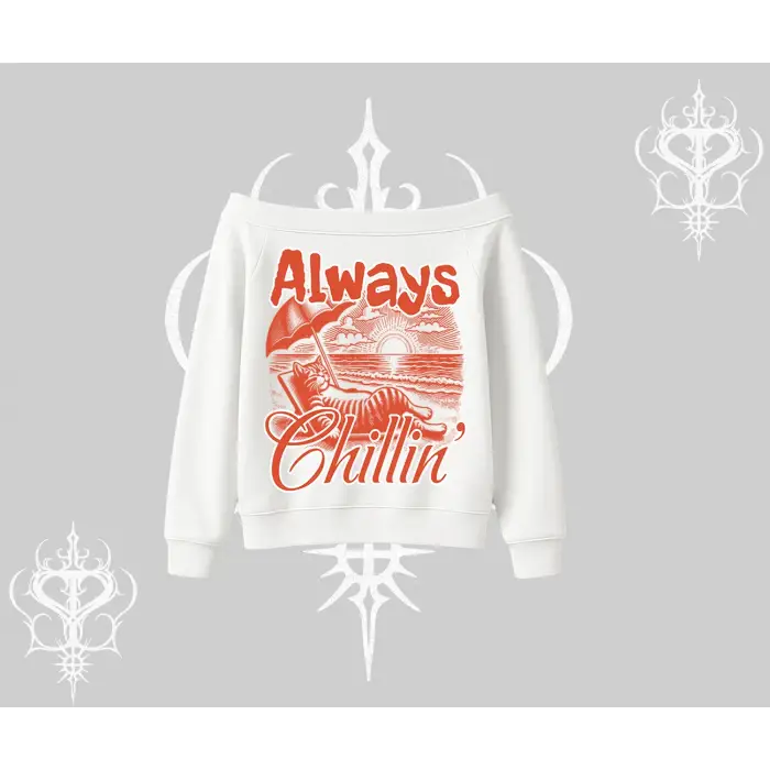 Always Chillin Kedi Arka Baskılı Kayık Yaka Sweatshirt