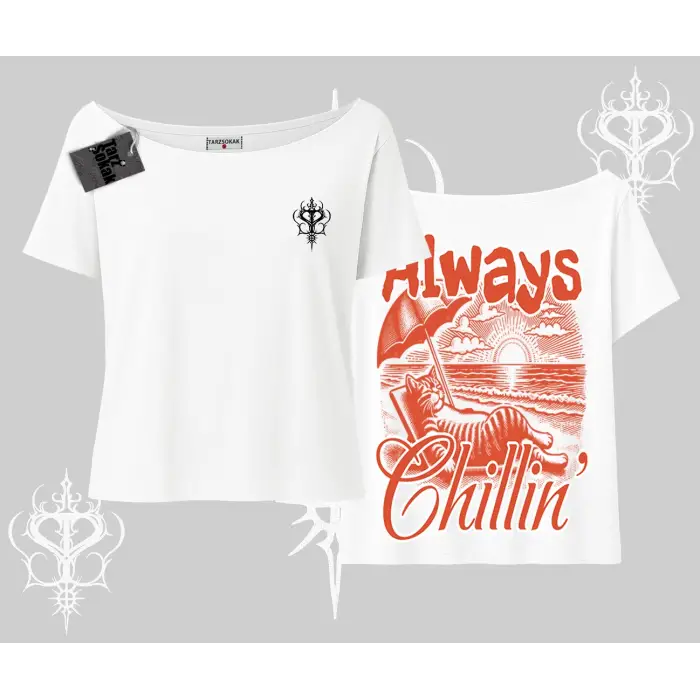 Always Chillin Kedi Arka Baskılı Kayık Yaka Tshirt