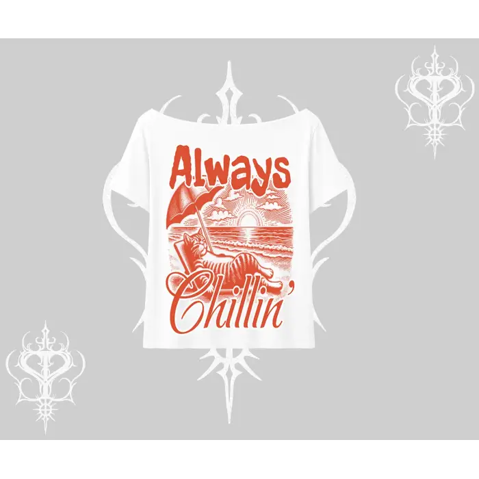 Always Chillin Kedi Arka Baskılı Kayık Yaka Tshirt