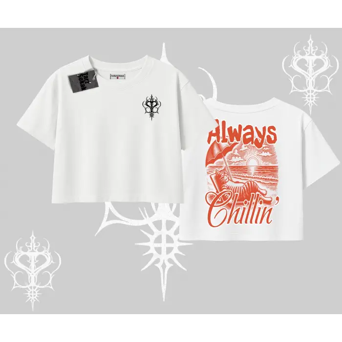 Always Chillin Kedi Arka Baskılı Oversize Crop Tshirt