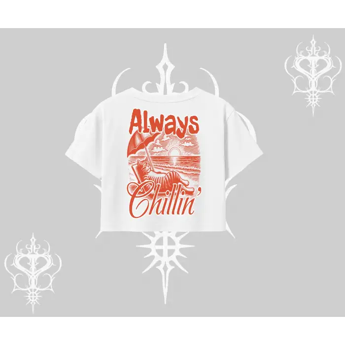 Always Chillin Kedi Arka Baskılı Oversize Crop Tshirt