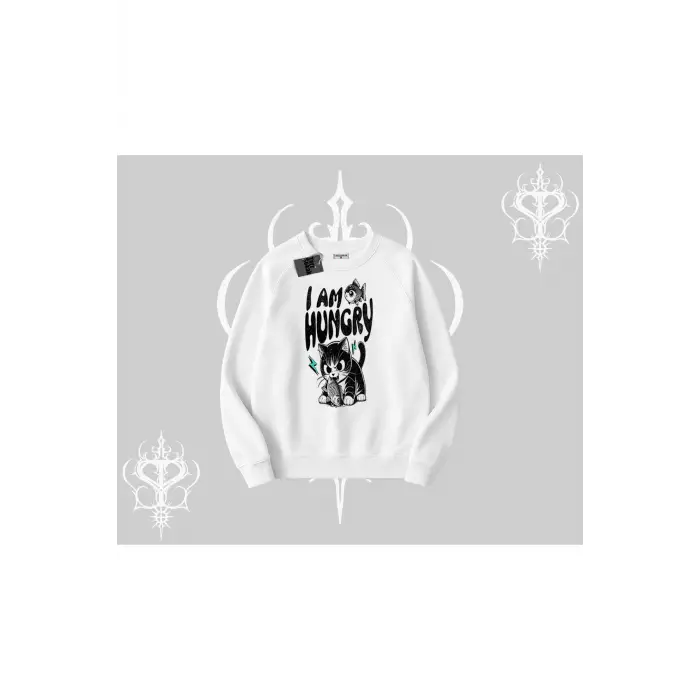 Am Hungry Kedi Baskılı Biskilet Sweatshirt