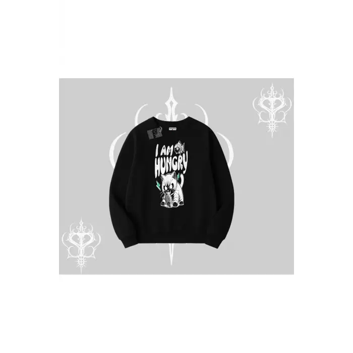 Am Hungry Kedi Baskılı Biskilet Sweatshirt