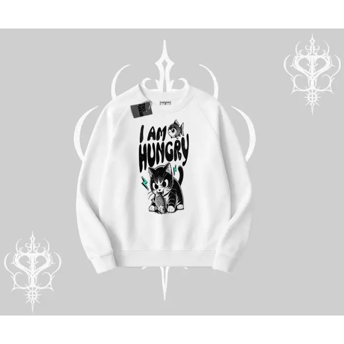 Am Hungry Kedi Baskılı Biskilet Sweatshirt