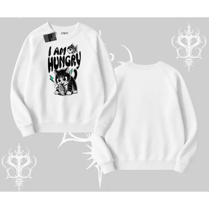 Am Hungry Kedi Baskılı Biskilet Sweatshirt