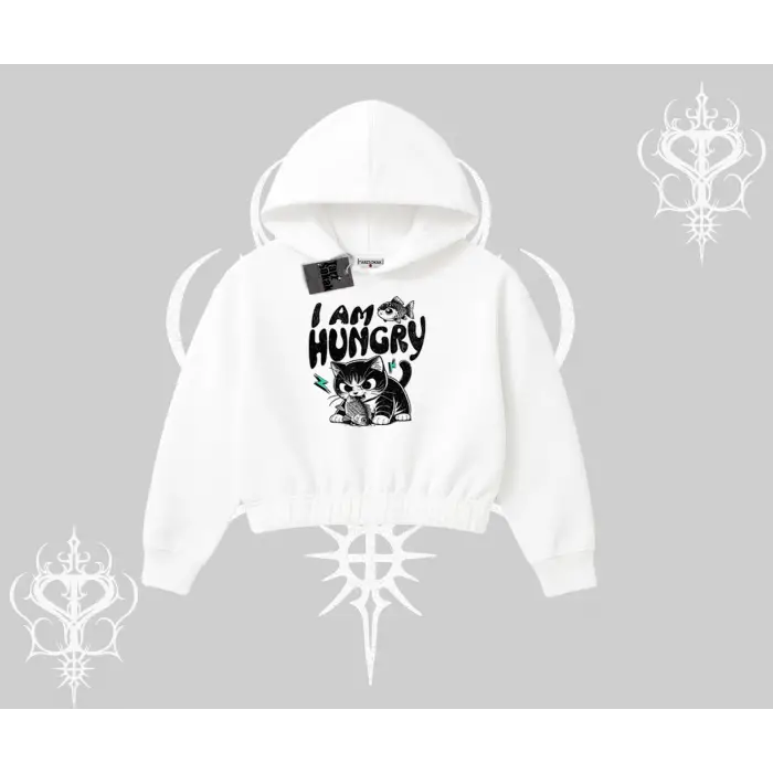 Am Hungry Kedi Baskılı Kapşonlu Crop Sweatshirt