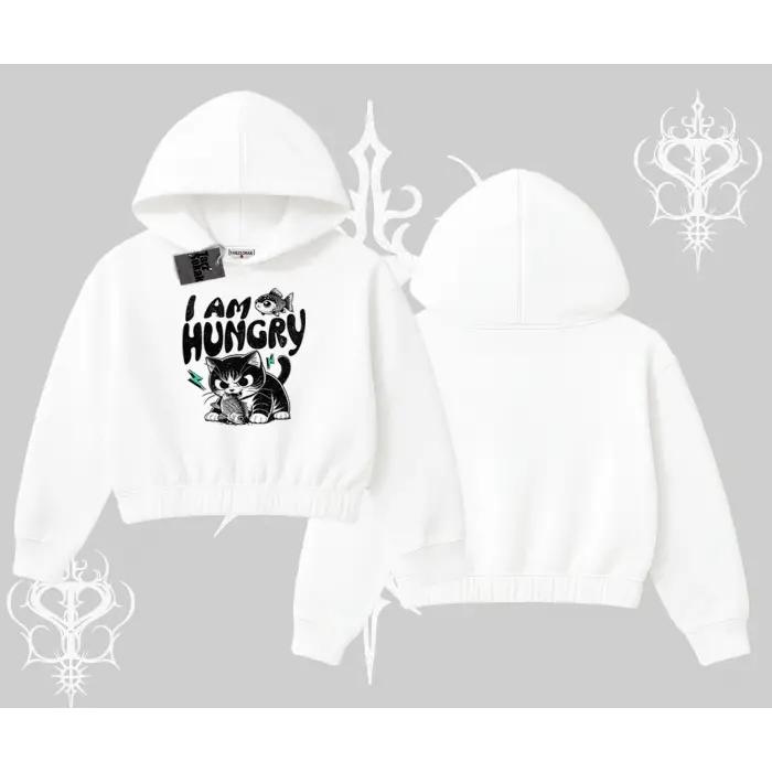 Am Hungry Kedi Baskılı Kapşonlu Crop Sweatshirt