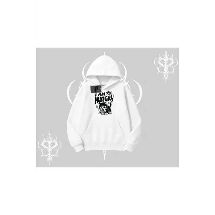 Am Hungry Kedi Baskılı Kapşonlu Sweatshirt