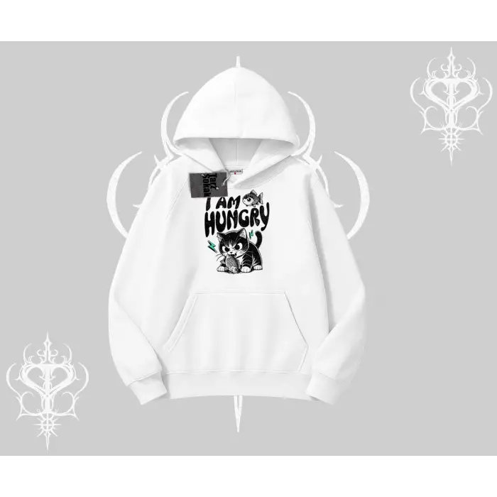 Am Hungry Kedi Baskılı Kapşonlu Sweatshirt