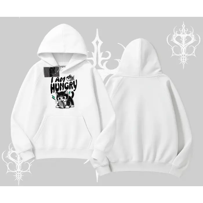 Am Hungry Kedi Baskılı Kapşonlu Sweatshirt