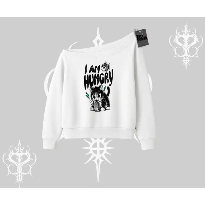 Am Hungry Kedi Baskılı Kayık Yaka Sweatshirt