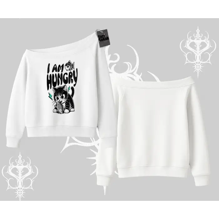 Am Hungry Kedi Baskılı Kayık Yaka Sweatshirt