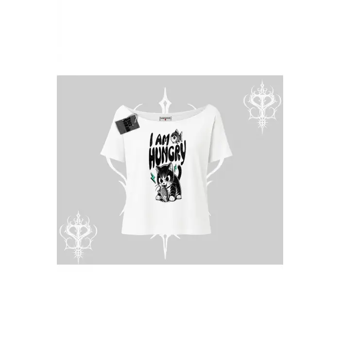 Am Hungry Kedi Baskılı Kayık Yaka Tshirt