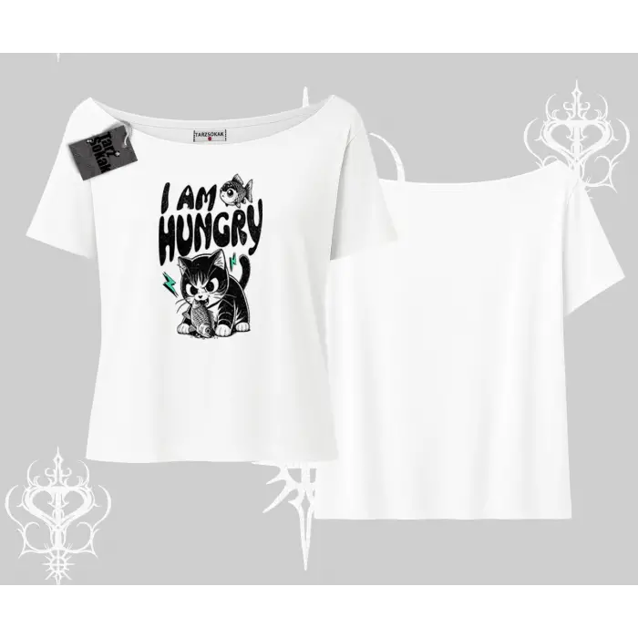 Am Hungry Kedi Baskılı Kayık Yaka Tshirt