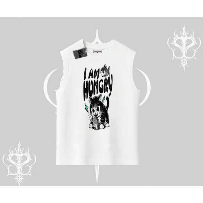Am Hungry Kedi Baskılı Kolsuz Tshirt