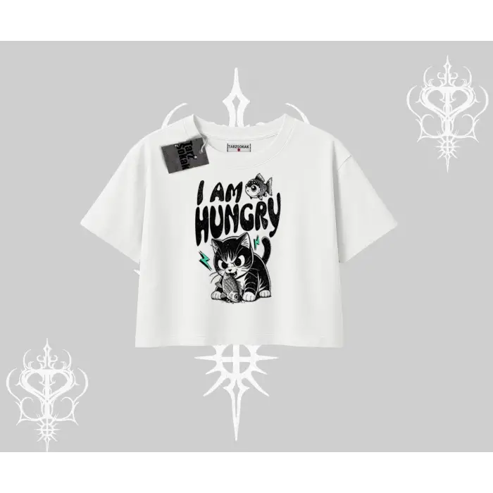 Am Hungry Kedi Baskılı Oversize Crop Tshirt