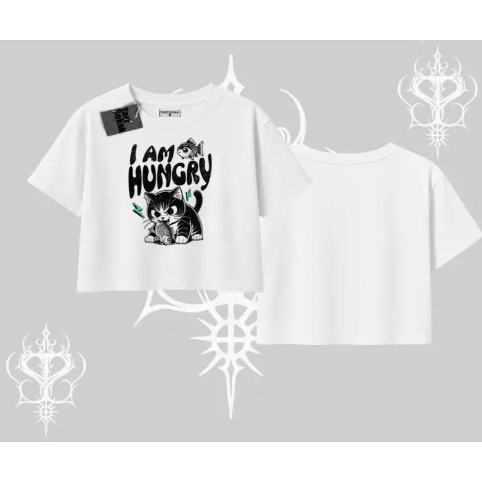Am Hungry Kedi Baskılı Oversize Crop Tshirt