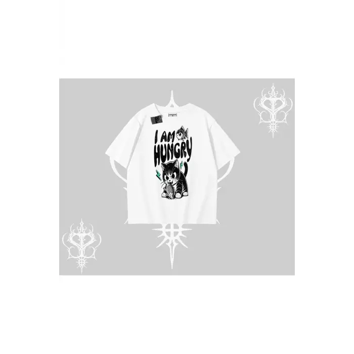 Am Hungry Kedi Baskılı Oversize Tshirt