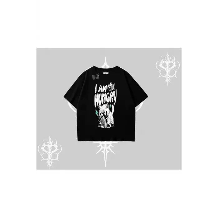 Am Hungry Kedi Baskılı Oversize Tshirt