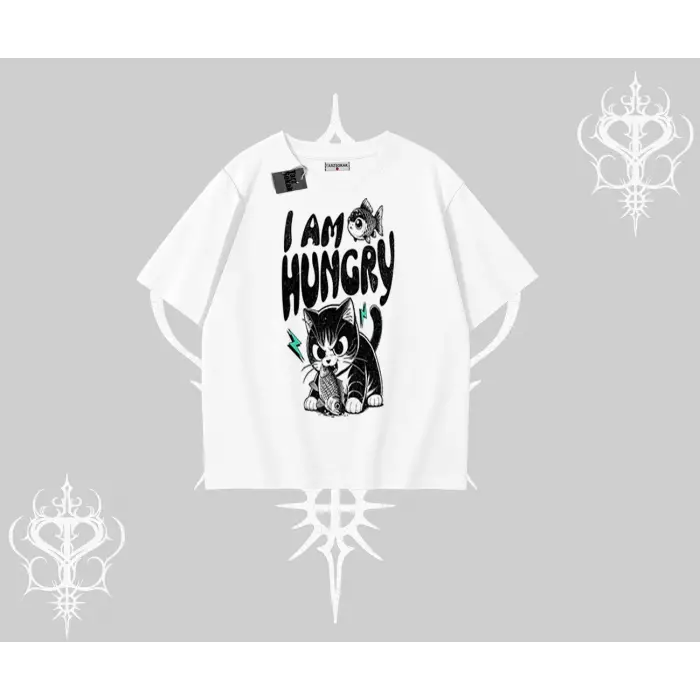 Am Hungry Kedi Baskılı Oversize Tshirt