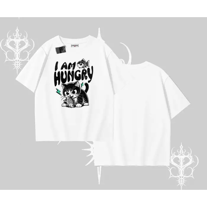 Am Hungry Kedi Baskılı Oversize Tshirt