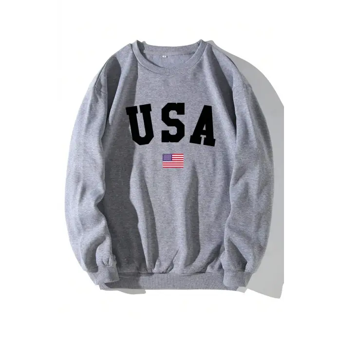 American Flag & Letter Graphic Lined Sweatshirt Gri